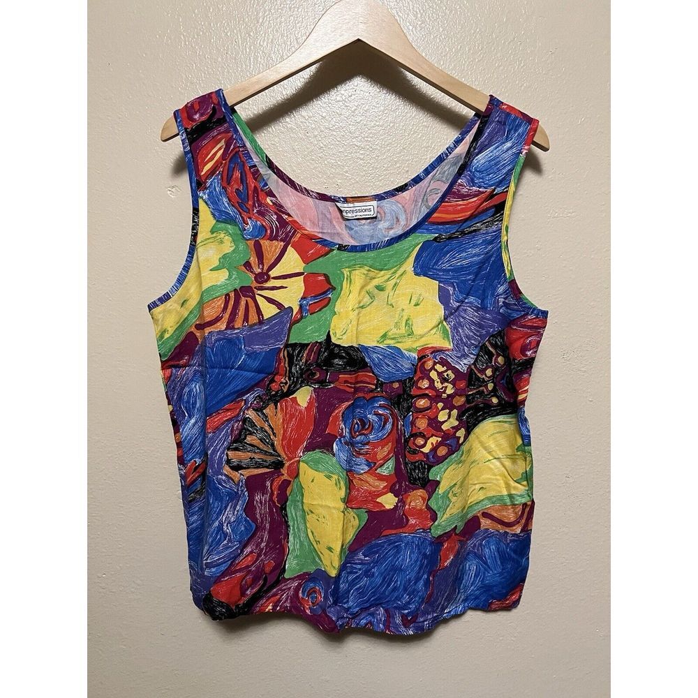 Vtg Impressions of California Multi Abstract Colorful Boho Artsy Tank Top Womens